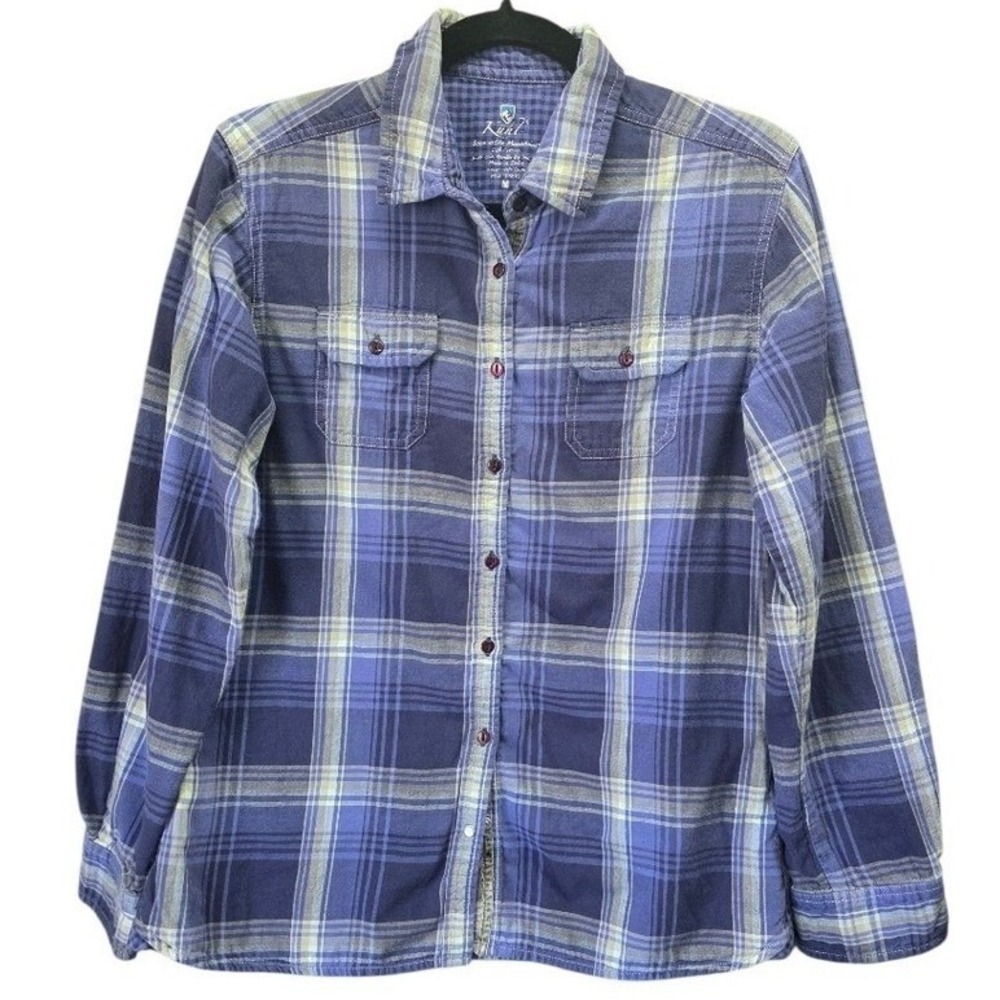 KUHL Purple Plaid Button Up Shirt Women's M 100% Cotton Hiking Outdoor Gorpcore